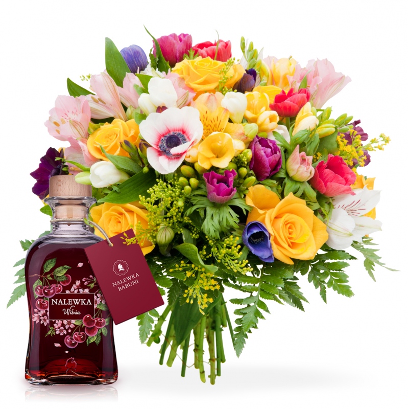 Bukiet skomponowany z róż, alstromerii, tulipanów i frezji wraz z Nalewką Babuni - Kwiaty dla Babuni z nalewką